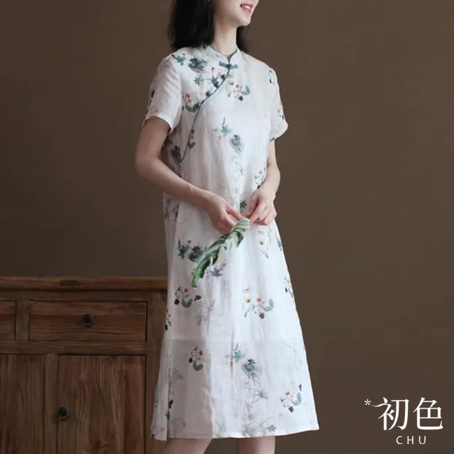 【初色】立領復古碎花印花寬鬆顯瘦旗袍短袖連身裙洋裝-杏色-35275(M-2XL可選)