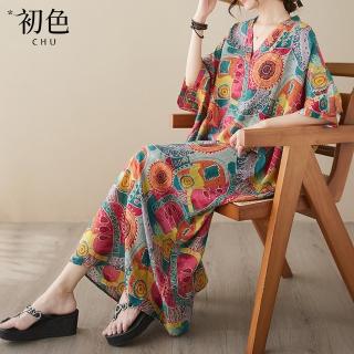 【初色】民族風V領圖騰印花寬鬆輕薄五分袖短袖連衣裙連身長洋裝-共2色-35193(F可選)