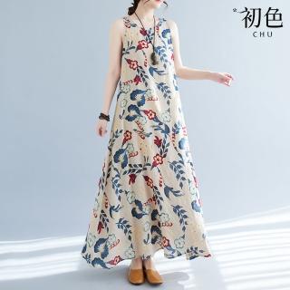 【初色】度假風植物印花寬鬆顯瘦A字裙圓領無袖連衣裙連身洋裝長洋裝-葉子花-35237(M-2XL可選)
