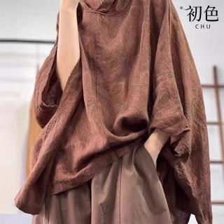 【初色】復古圖騰印花寬鬆中大尺碼連帽蝙蝠袖七分袖套頭衫上衣女上衣-共2色-35303(M-3XL可選)