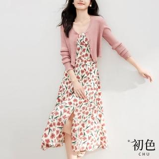 【初色】純色短款長袖小外套女外套+吊帶碎花A字連衣裙連身洋裝長洋裝兩件式套裝-共2色-35263(M-2XL可選)