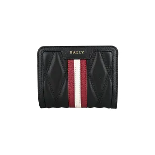 【BALLY】DAKI金字金屬LOGO紅白條紋絎縫菱格紋羊皮4卡扣式短夾(黑)