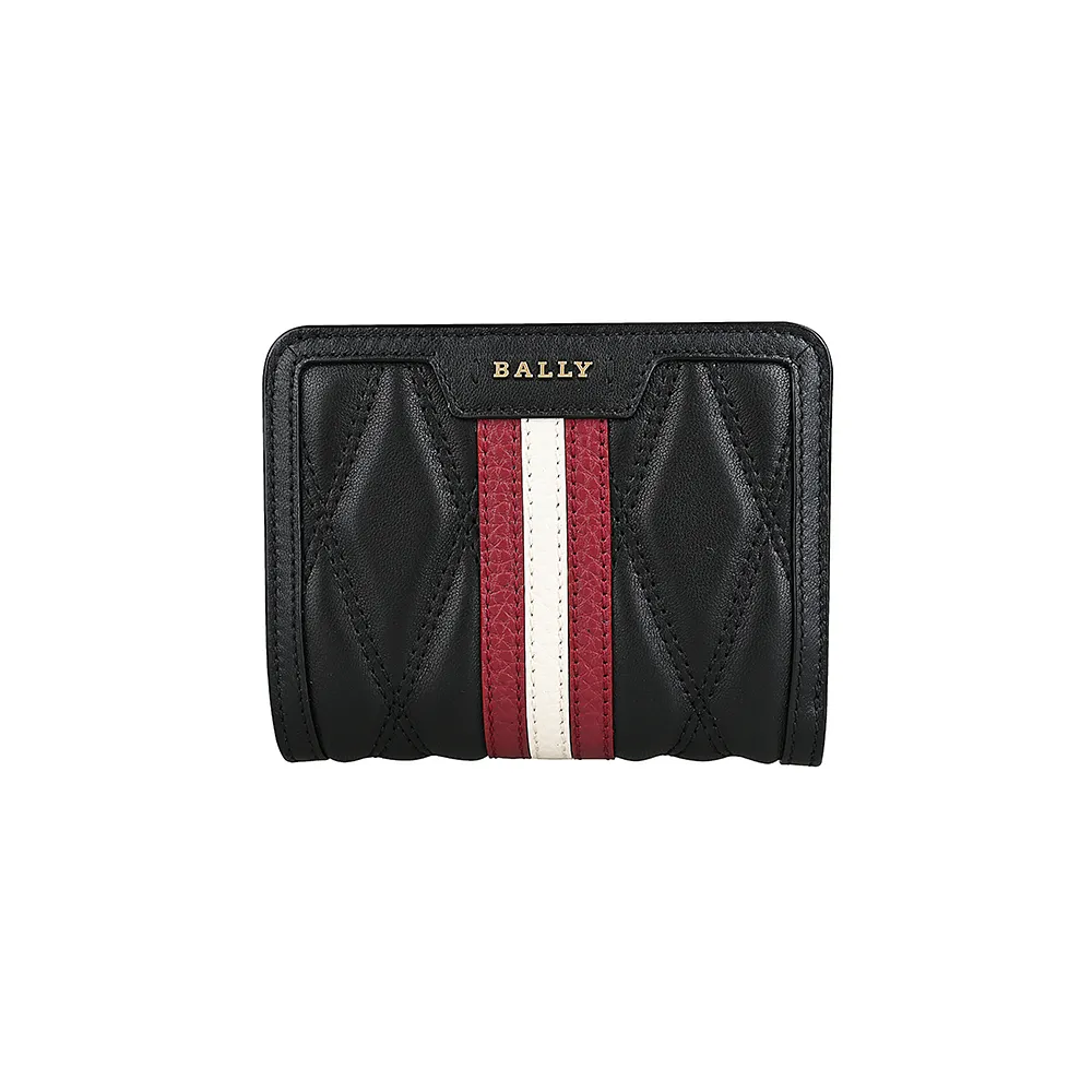 【BALLY】DAKI金字金屬LOGO紅白條紋絎縫菱格紋羊皮4卡扣式短夾(黑)