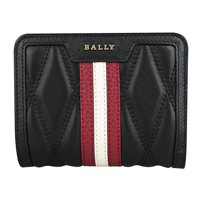 【BALLY】DAKI金字金屬LOGO紅白條紋絎縫菱格紋羊皮4卡扣式短夾(黑)