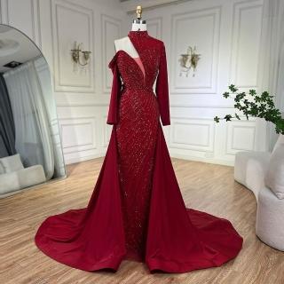 【女神婚紗禮服】極致優雅造型釘珠性感單肩長袖紗罩魚尾晚禮服LA72550寶石紅(選美宴會敬酒 高階晚禮服)