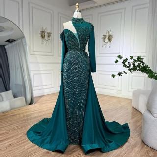 【女神婚紗禮服】極致優雅造型釘珠性感單肩長袖紗罩魚尾晚禮服LA72550孔雀綠(選美宴會敬酒 高階晚禮服)
