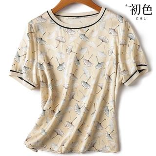 【初色】銀杏葉印花拼接圓領短袖T恤寬鬆雪紡衫上衣女上衣-杏色-34887(M-3XL可選)