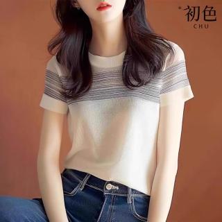【初色】休閒簡約拼接條紋針織圓領短袖修身針織衫T恤上衣女上衣-白色-35029(F可選)