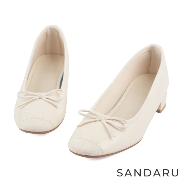 SANDARU 山打努 跟鞋 方頭蝶結異材質拼接中跟粗跟鞋(