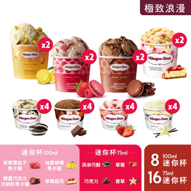 【Haagen-Dazs 哈根達斯】獨家法式驚艷馬卡龍迷你杯24入組(100ML 8入+75ML 16入)