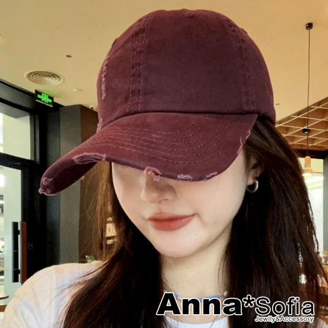 AnnaSofia 防曬遮陽運動老帽鴨舌帽街舞嘻哈潮帽棒球帽情侶帽-純色刷破純棉 現貨(酒紅系)