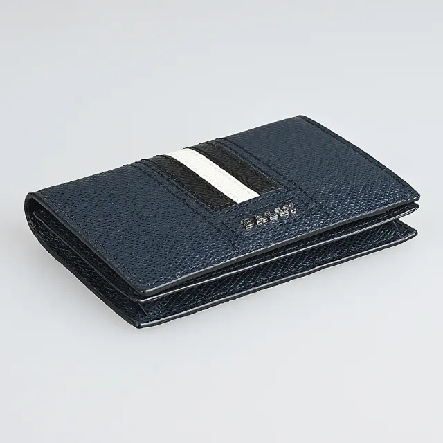 【BALLY】Tyke銀色金屬LOGO黑白條紋粒面紋牛皮卡片夾包(深藍)
