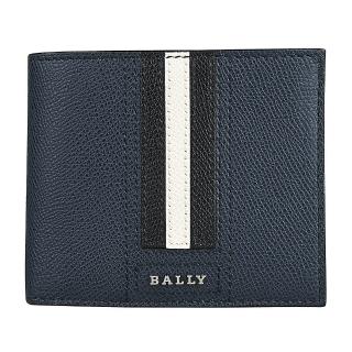 【BALLY】TVEYE銀字金屬LOGO黑白條紋粒面紋牛皮10卡短夾(深藍)