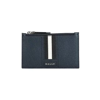 【BALLY】TENLEY銀字金屬LOGO黑白條紋粒面紋牛皮4卡拉鍊零錢卡夾(深藍)