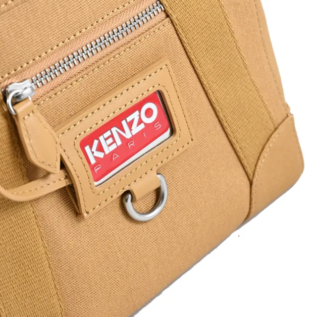 【KENZO】經典品牌LOGO帆布寬背帶手提包斜背包托特包兩用包(駝)