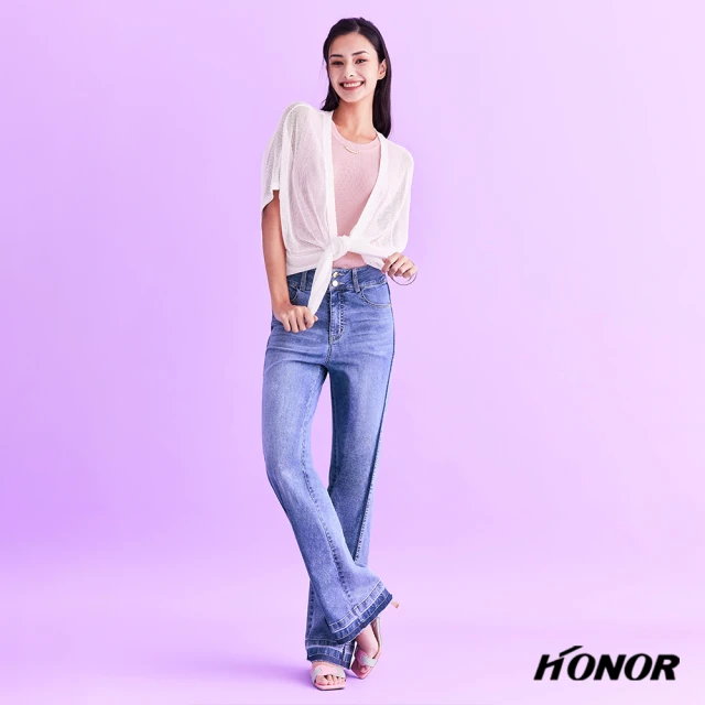 HONOR 山形屋 網格透膚綁帶短版開襟罩衫-白/黑