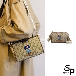【Sp house】創意潮流刺繡小熊側肩斜背女用立體包(卡其色)