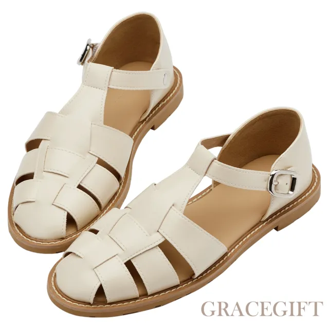 【Grace Gift】HEALER聯名-日系女孩編織羅馬平底涼鞋(米白)