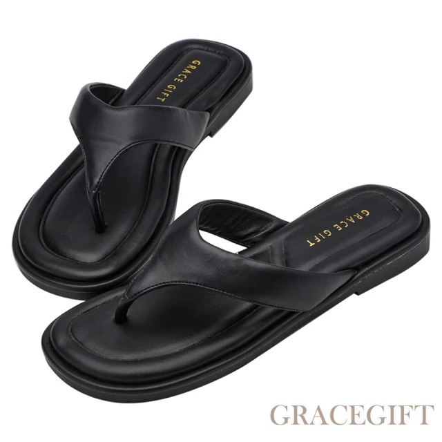 Grace Gift HEALER聯名-簡約澎澎柔軟人字夾腳平底拖鞋(黑)