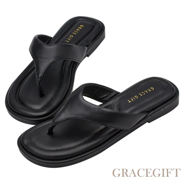【Grace Gift】HEALER聯名-簡約澎澎柔軟人字夾腳平底拖鞋(黑)