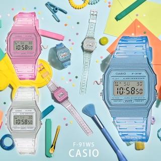 【CASIO 卡西歐】F-91WS 夏日果凍清透 自動日曆 日期星期 計時碼錶 LED 透明 電子錶 手錶(自動日曆)