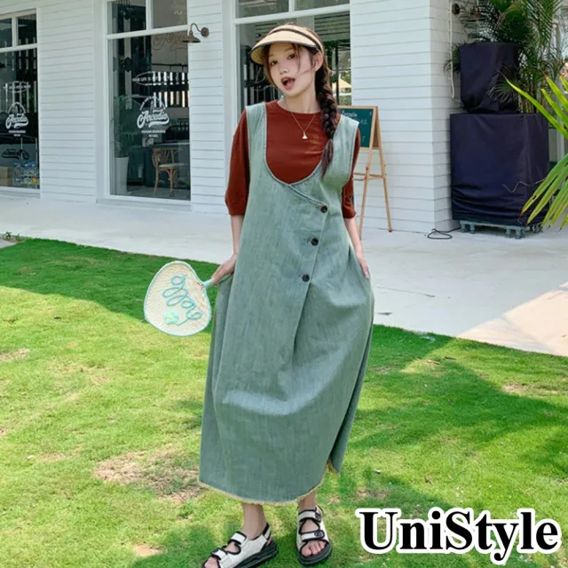 【UniStyle】牛仔吊帶裙 韓系毛邊設計感背帶裙  女 ZM163-T613(單連衣裙)