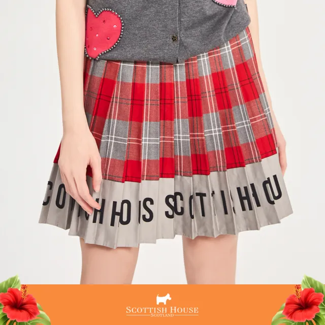 【SCOTTISH HOUSE】紅黑格 拼接素面 壓摺 格紋裙 CGT12127