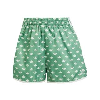 【adidas 愛迪達】Mono 3s Shorts 女 短褲 運動 休閒 滿版 三葉草 緞面 綠(IX0931)