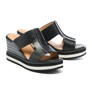【MISS 21】簡約質感工字寬帶全真皮楔型厚底拖鞋(黑)