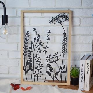 【YU Living 信歐傢居】鐵藝花草造型掛牆裝飾-松木框 40X60cm(黑+原木色/鐵藝工業 掛牆裝飾)