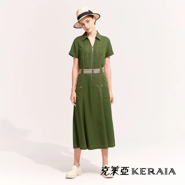 【KERAIA 克萊亞】愜意工裝風天絲涼感洋裝(三色；M-XXL；附鬆緊腰帶)