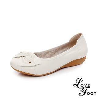 【LOVE FOOT 樂芙】全真皮頭層牛皮蝴蝶花結軟底舒適坡跟單鞋(白)