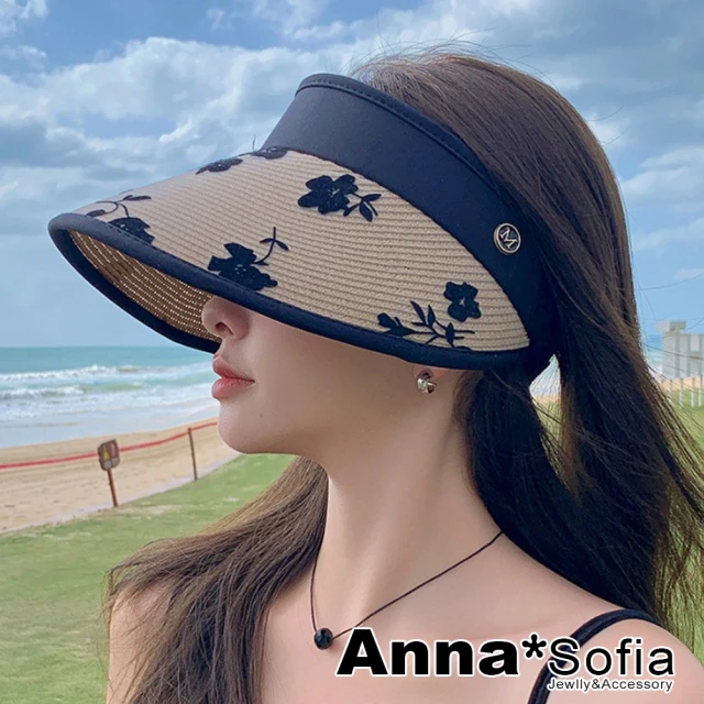 AnnaSofia 遮陽帽防曬帽淑女帽鴨舌帽草帽空頂帽-古典紗絨花 現貨(黑邊駝系)