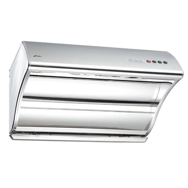 HOSON豪山牌 VSQ-9203S 斜背式抽油煙機，採用臺灣製造不鏽鋼材質，堅固耐用。配備翹板式開關與2段風速調整，機體尺寸W890 × D560 × H380 mm，適用110V/60Hz標準安裝。BSMI許可字號R51155，提供1年保固，高效排煙守護您的廚房清潔。