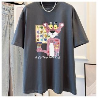 【ASister 小姊姊】現貨在庫★純棉上衣*PINK粉紅豹*中大尺碼寬鬆棉質中長版短袖T恤(4色 S-4XL #AS0012)