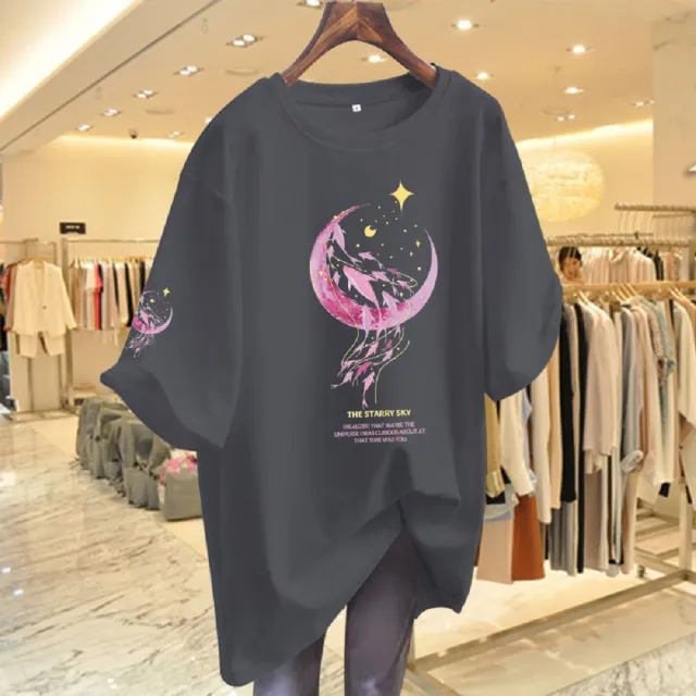 【ASister 小姊姊】現貨在庫★純棉上衣*海豚月牙*中大尺碼寬鬆棉質中長版短袖T恤(6色 S-3XL #AS0162)