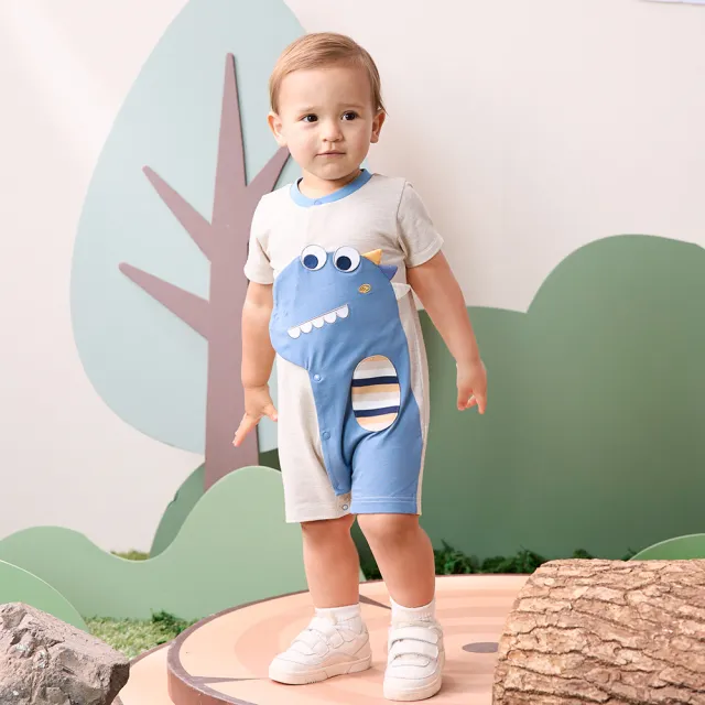 【奇哥】Chic a Bon 嬰幼童裝 探險龍造型短袖兔裝/連身衣-吸濕排汗+抗UV(3-18個月 防曬)