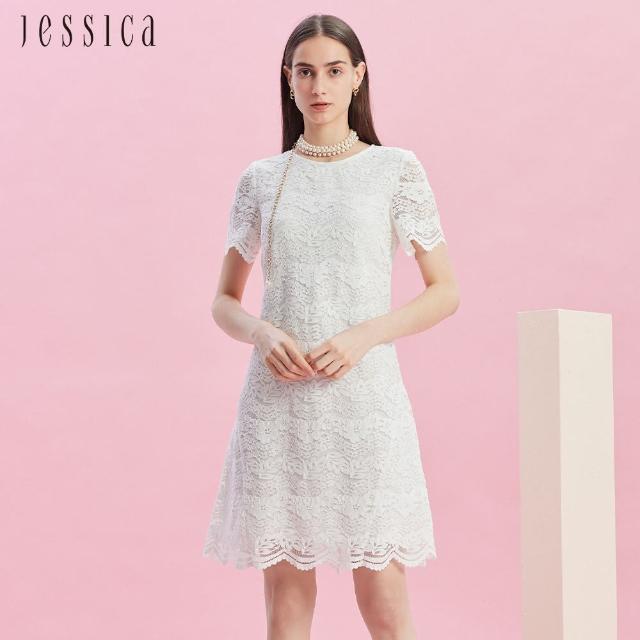 【JESSICA】優雅花卉蕾絲圓領修身短袖洋裝242710（白）