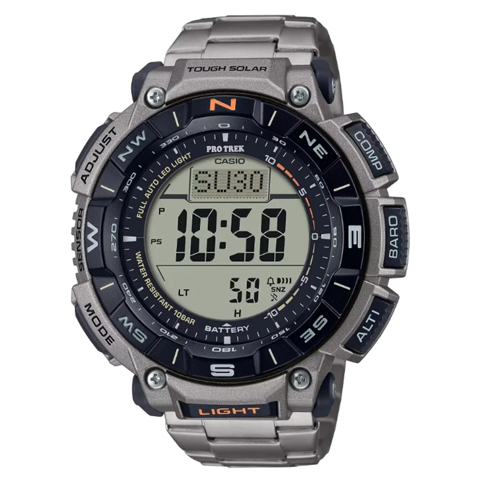 【CASIO 卡西歐】PROTREK 多功能太陽能電力 登山鈦金屬電子錶 黑灰 PRG-340T-7_51.7mm
