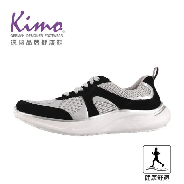 【Kimo】專利足弓支撐-流線皮革網布拼接綁帶健康鞋 女鞋(黑灰銀 KBDSF189062)