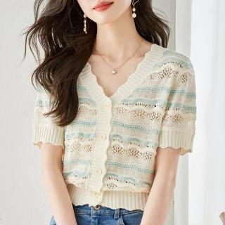 【OUBOGJ 歐帛】★小眾條紋鏤空短袖針織衫(襯衫/上衣/女裝)