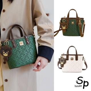 【Sp house】復古大眼小熊印花側肩斜背手提女用包(2色可選)