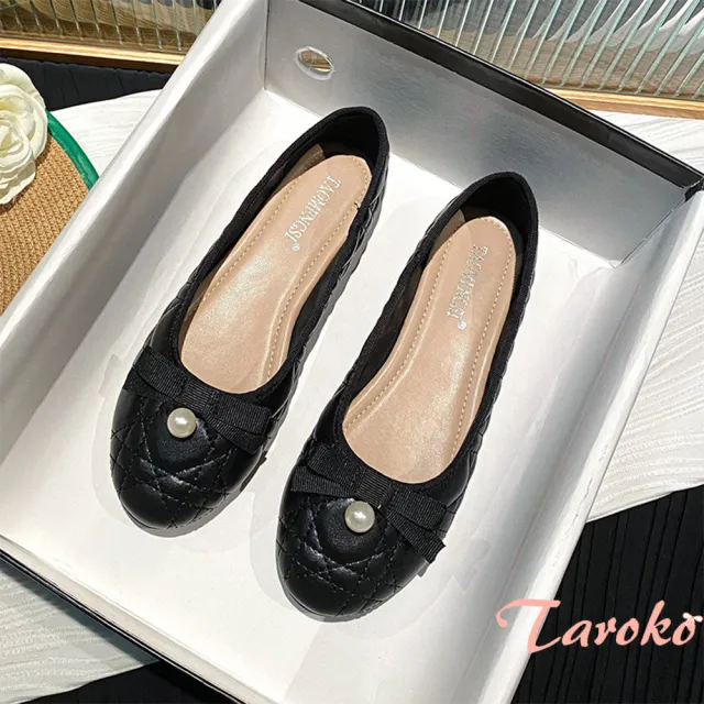 【Taroko】蝴蝶結珍珠圓頭菱格大碼娃娃鞋(2色可選)