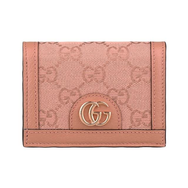 【GUCCI 古馳】GUCCI Ophidia簍空立體GG金屬LOGO印花PVC拼接牛皮設計4卡扣式短夾(珊瑚粉)