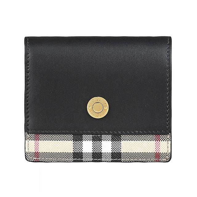 【BURBERRY 巴寶莉】BURBERRY壓印金字釦 LOGO設計小牛皮拼接格紋PVC 4卡對折扣式短夾(典藏米x黑)