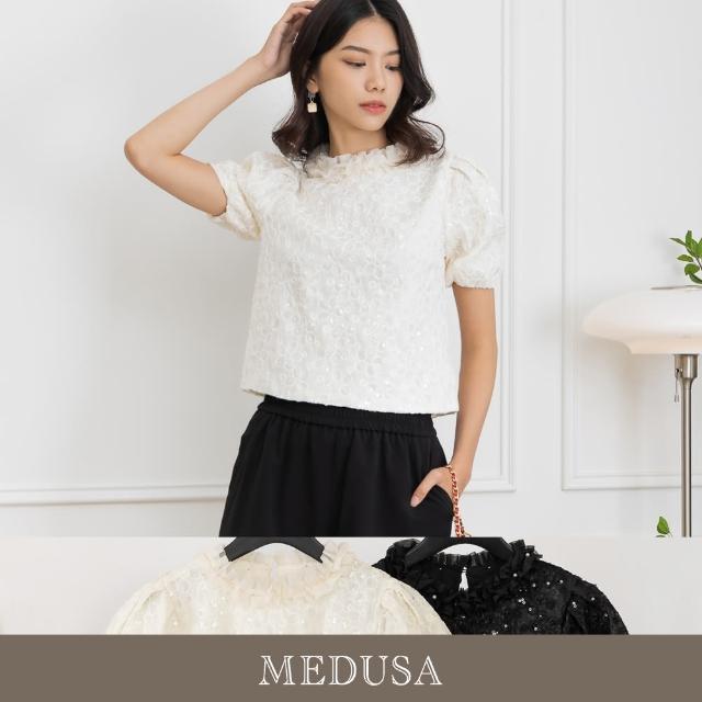 【MEDUSA 曼度莎】現貨-ICare 網紗滾邊領口刺繡亮片上衣 - 2色（F）｜女上衣 女短袖上衣(306-61501)