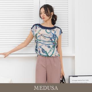 【MEDUSA 曼度莎】現貨-臺灣製 肩拼接掛件印花雪紡上衣（M-2L）｜女上衣 女短袖上衣 加大尺碼(301-56101)