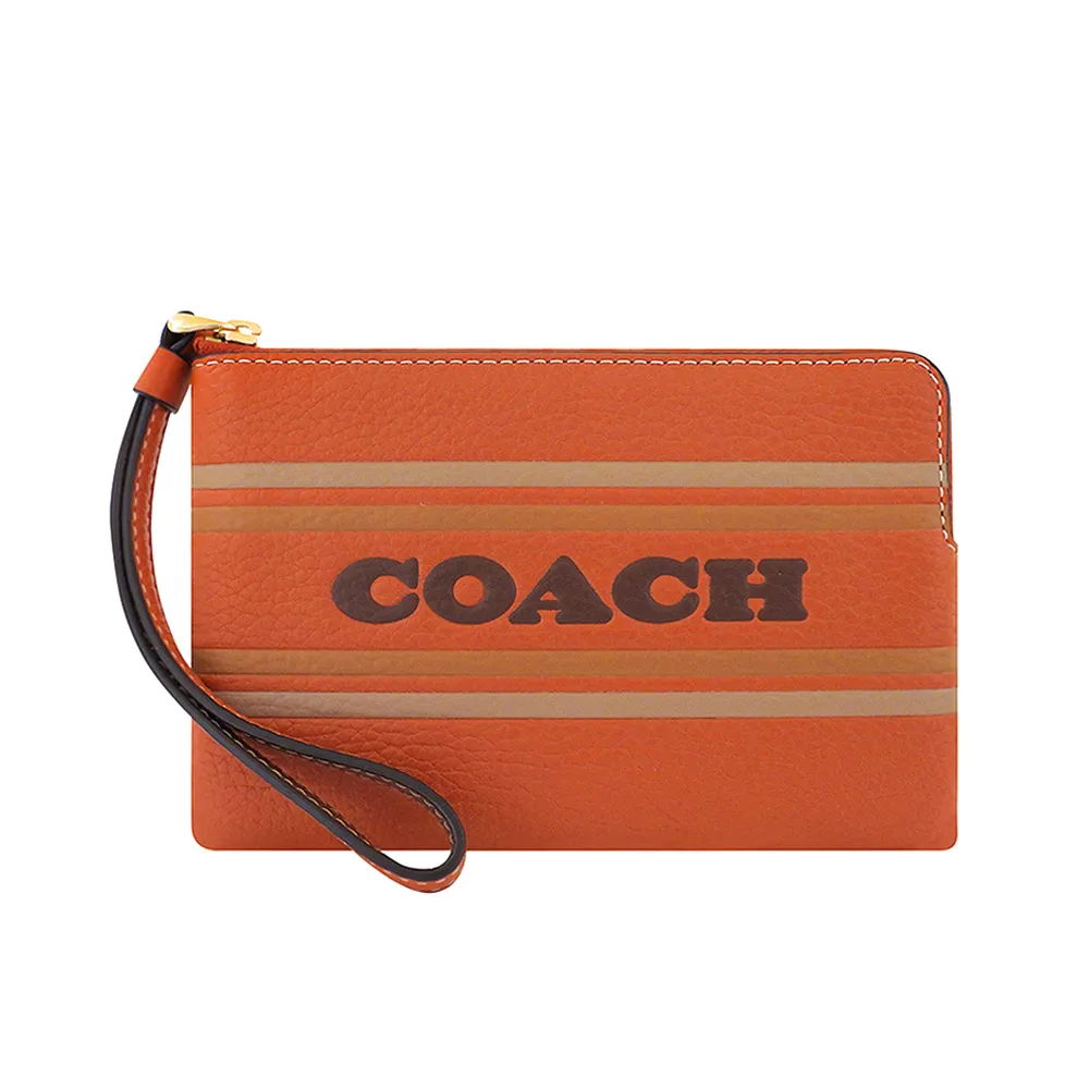 【COACH】荔枝紋皮革LOGO條紋手拿包(橘色)