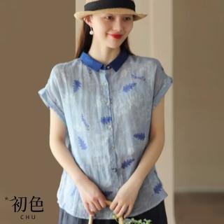 【初色】拚色翻領短袖襯衫輕薄單排釦印花上衣女上衣-共2色-35385(M-2XL可選)
