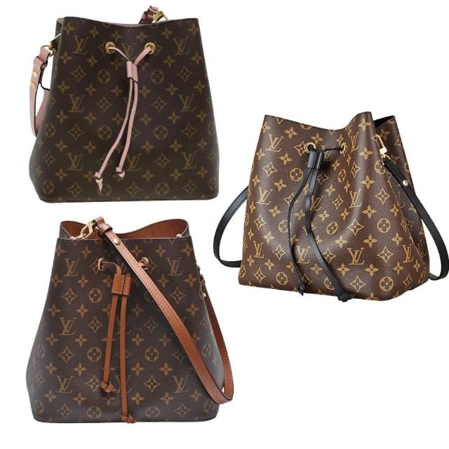 LV LOUIS VUITTON路易威登 M44020 經典 Neonoe 系列 Monogram 帆布印花牛皮鑲飾束口斜背/肩背水桶包